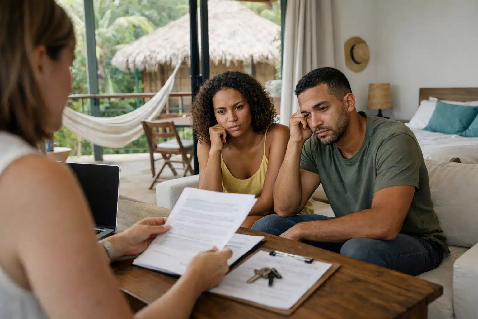 Couple examinant des documents à table