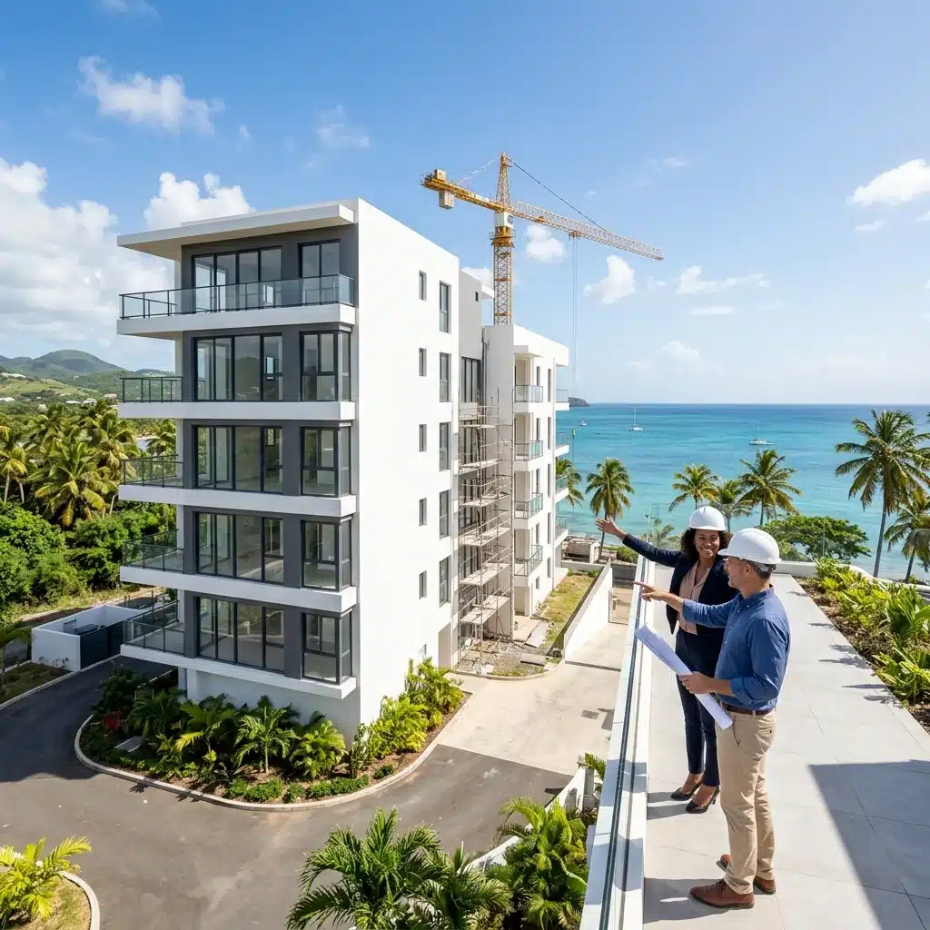 Immeuble en construction avec les architecte en 1er plan