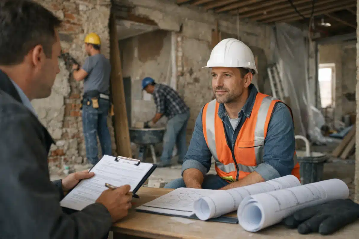Homme en casque blanc et gilet orange tenant des plans