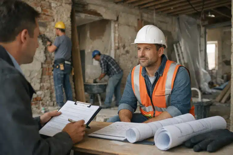 Homme en casque blanc et gilet orange tenant des plans