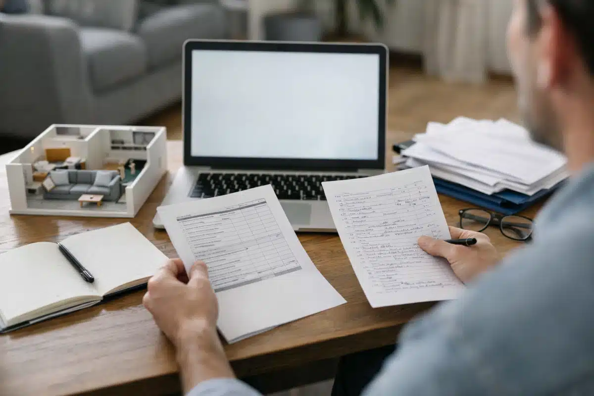 Mains tenant des documents devant un ordinateur portable
