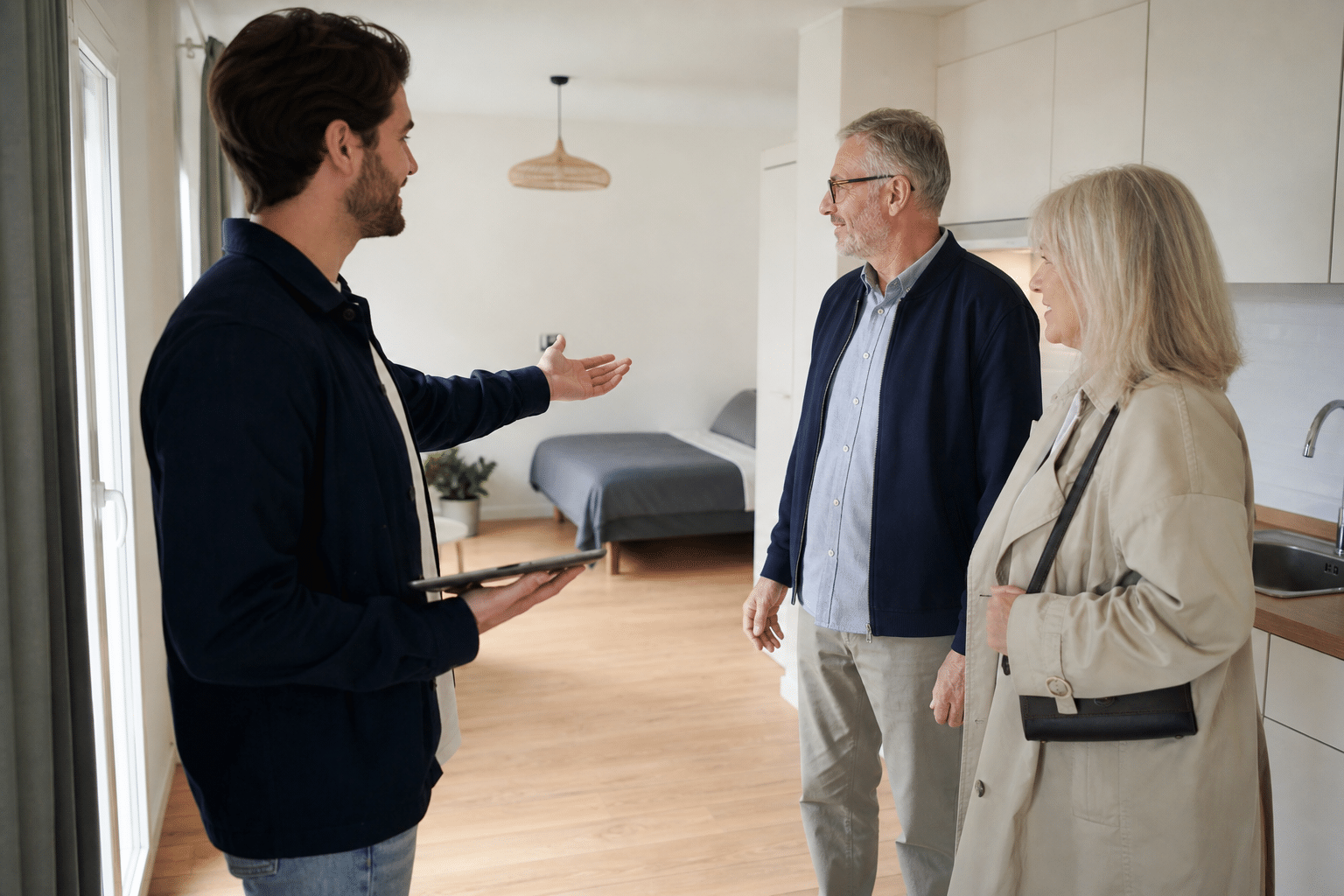 Agent immobilier montrant un salon lumineux