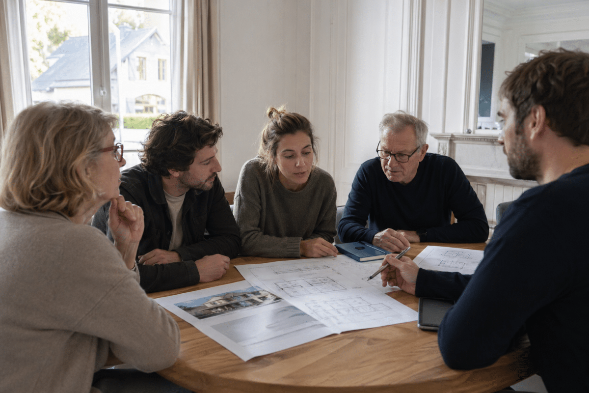 Quatre personnes consultent des plans sur une table