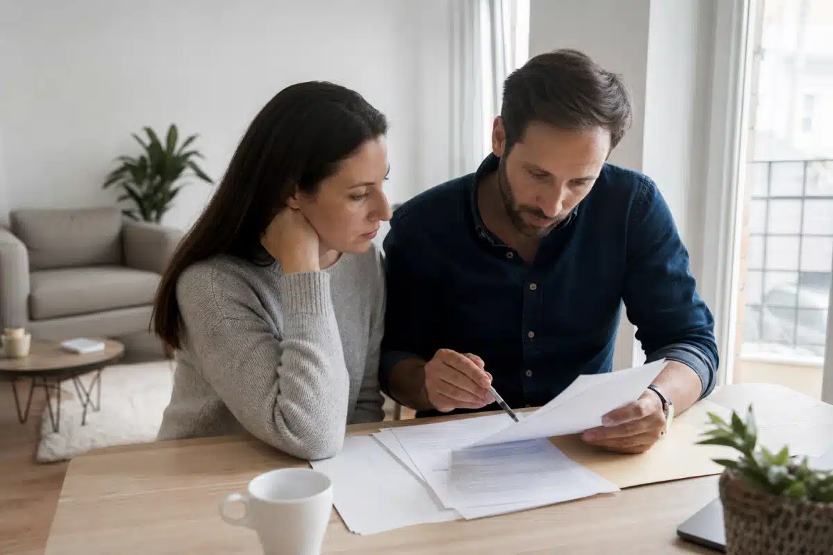 Couple examinant des documents financiers à table