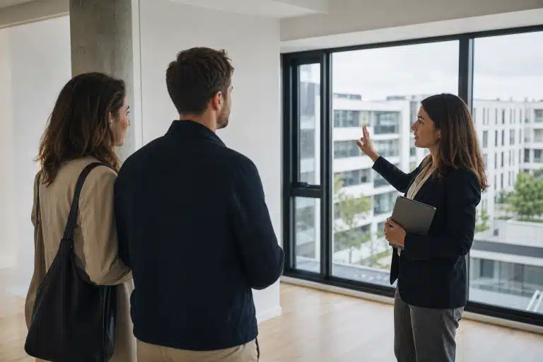 Agent immobilier montrant un appartement à un couple