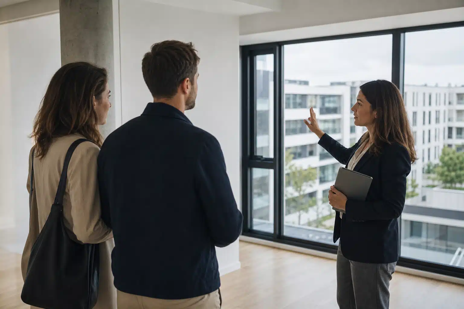 Agent immobilier montrant un appartement à un couple