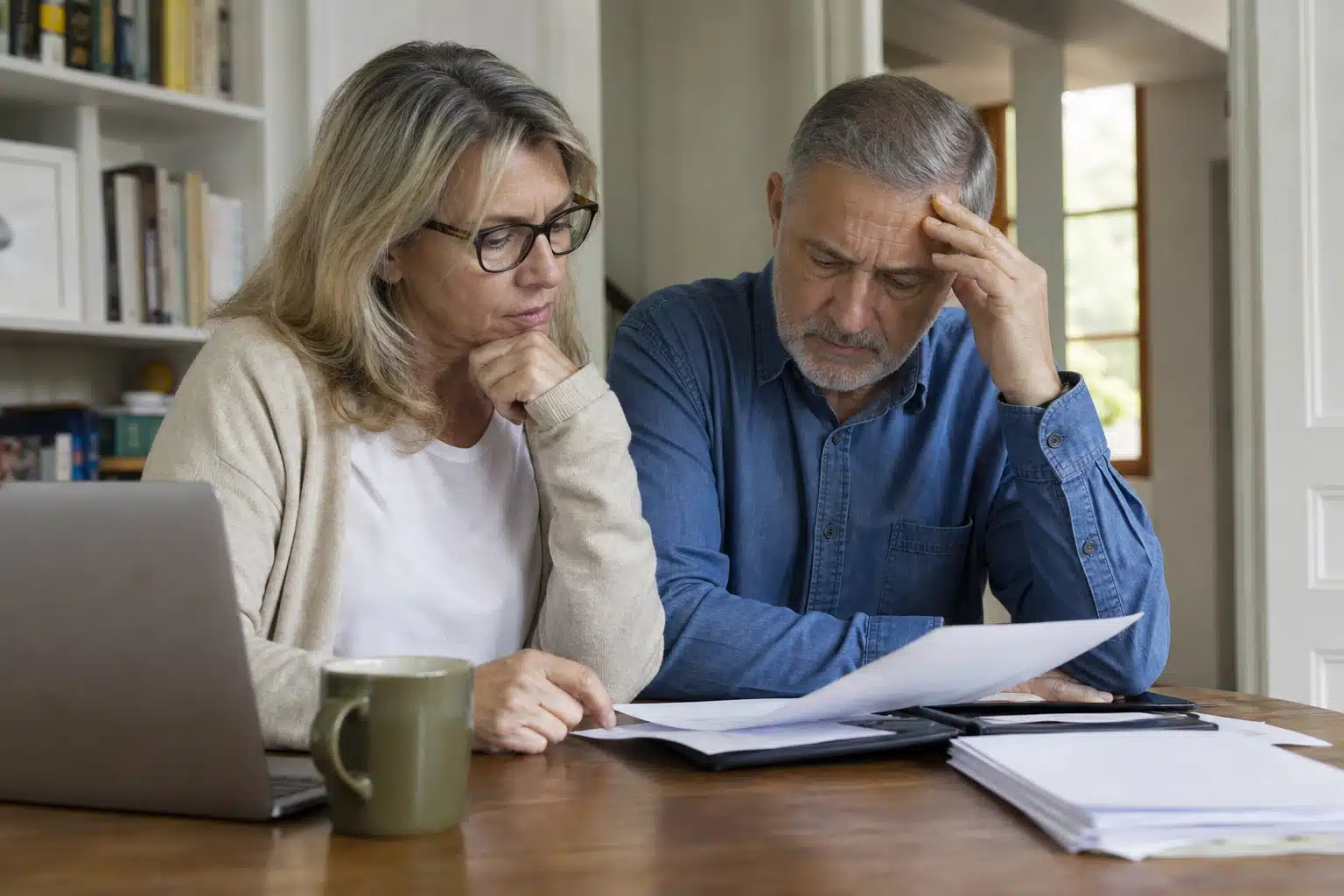 Couple mûr préoccupé examinant des factures à table